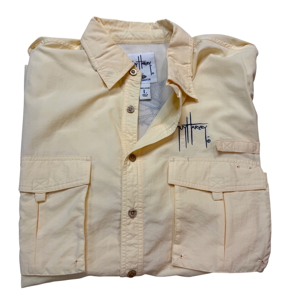 Guy Harvey Fishing Shirt Mens Large Yellow Excellent Marlin Vented Nylon S/S
